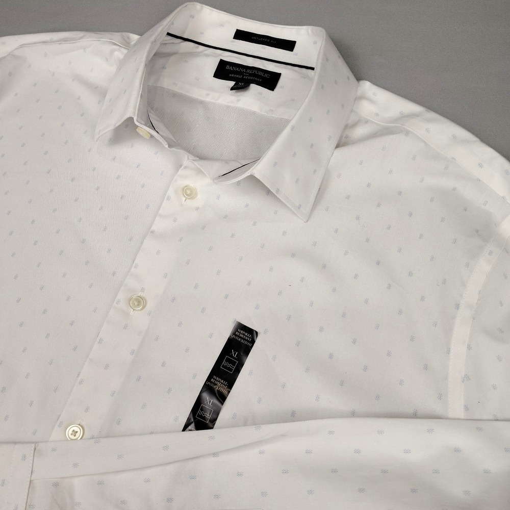 NWOT Banana Republic Men XL Untucked Dress Shirt White Blue Print Stretch Cotton